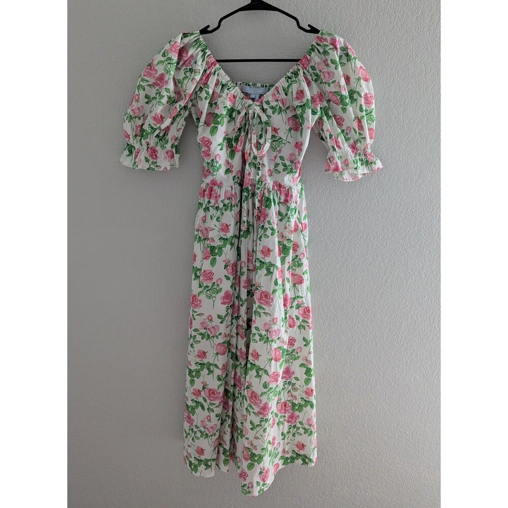 Hill House Ophelia White Midi Dress with Pink Rose & Green Leaf Print